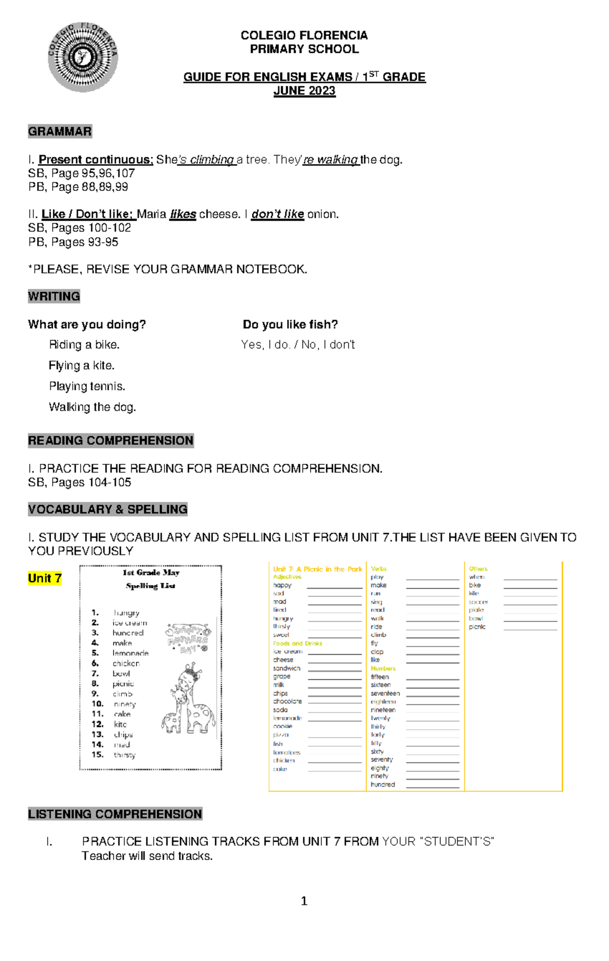 1ST Grade JUNE Study Guide - 1 COLEGIO FLORENCIA PRIMARY SCHOOL GUIDE ...