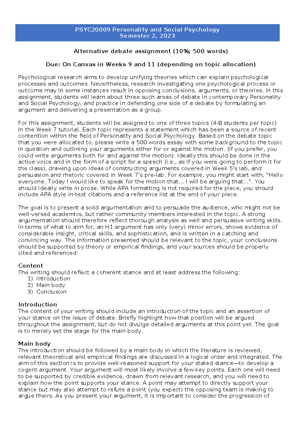 PSYC2000 9 alternative debate assignment - Alternative debate ...