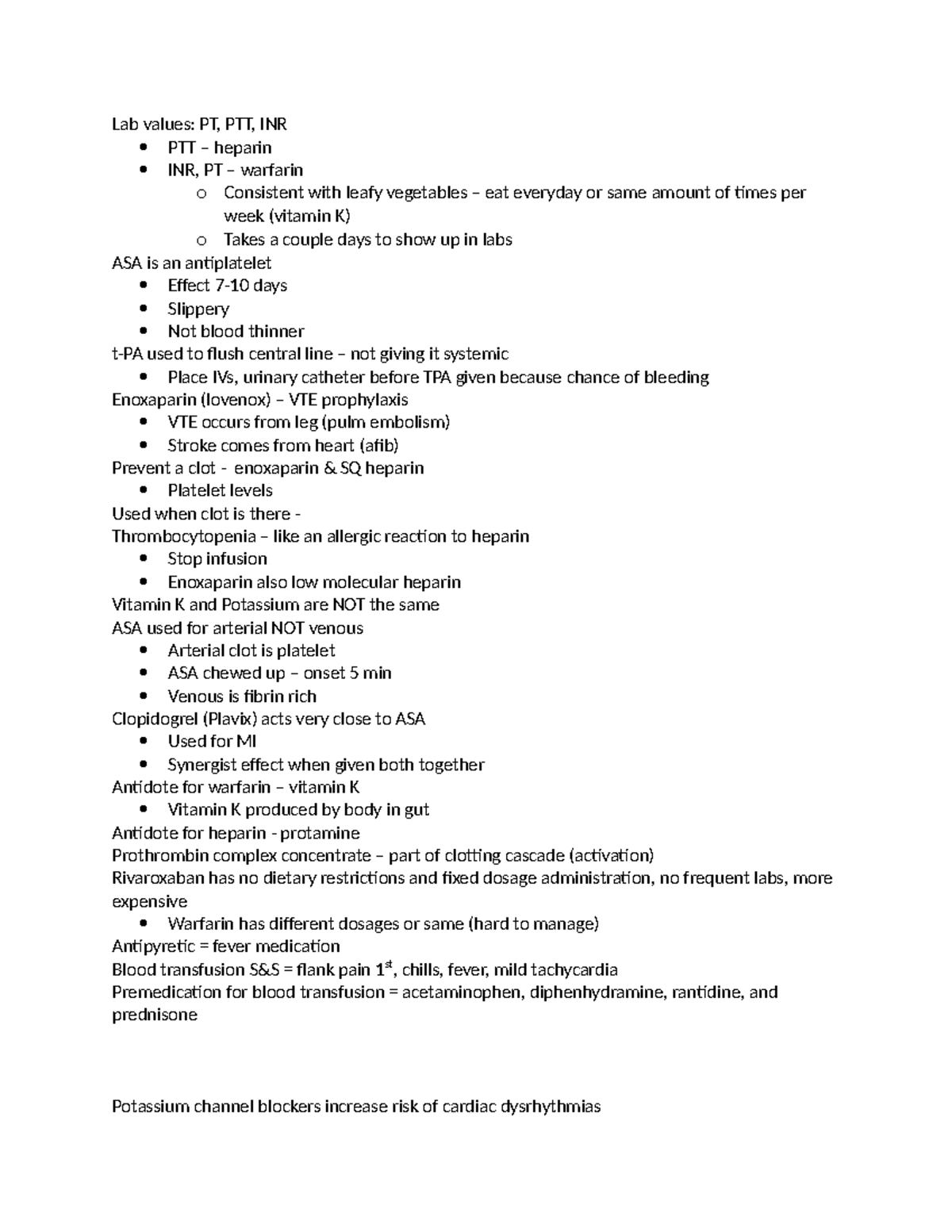 Pharmacology Blood Thinner Summary - Lab values: PT, PTT, INR PTT ...