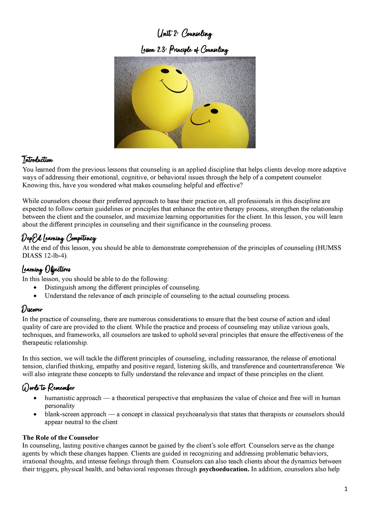 Lesson-2 - Lesson 2 - Unit 2: Counseling Lesson 2: Principle Of ...