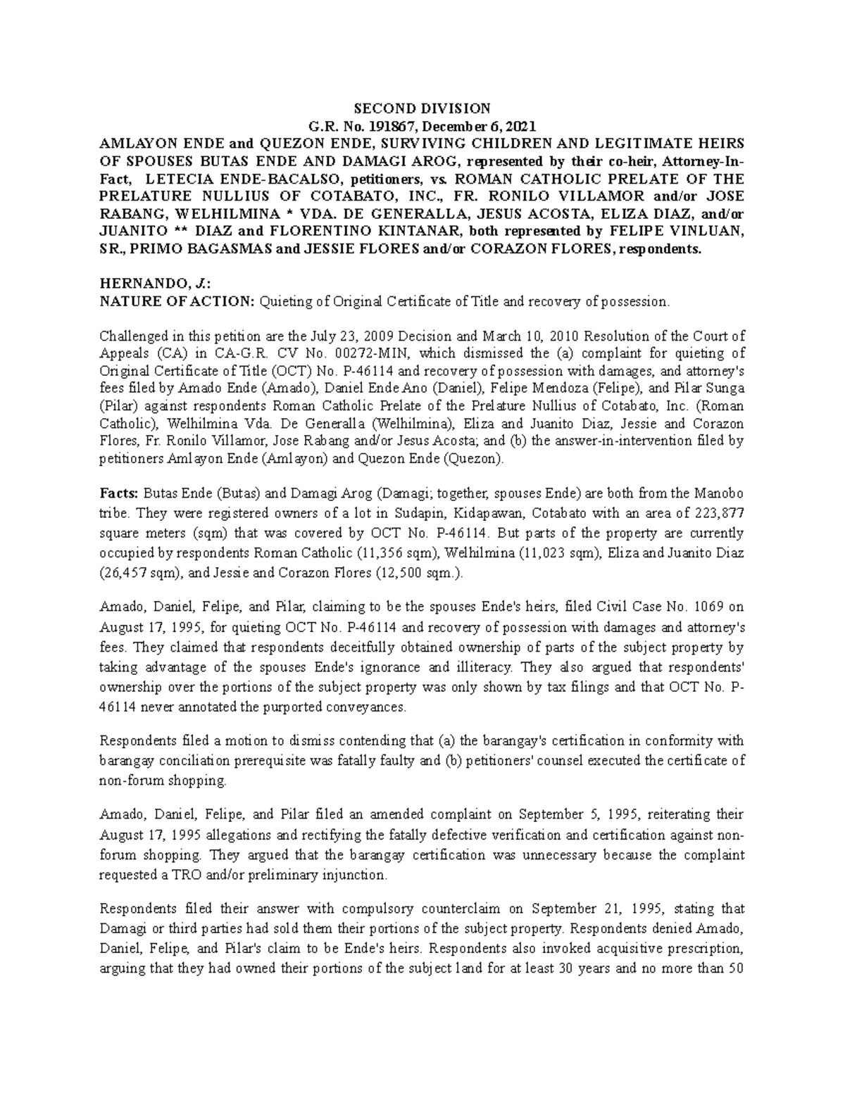 Ende vs. Roman Catholic Prelate of the Prelature Nullius Cotabato