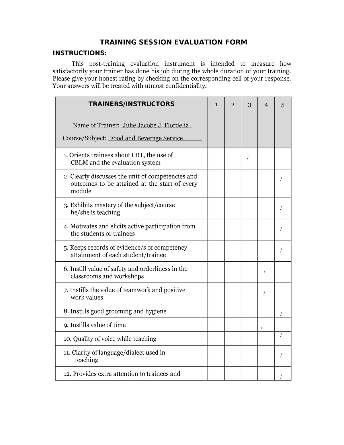 Training Session Evaluation FORM - TRAINING SESSION EVALUATION FORM ...