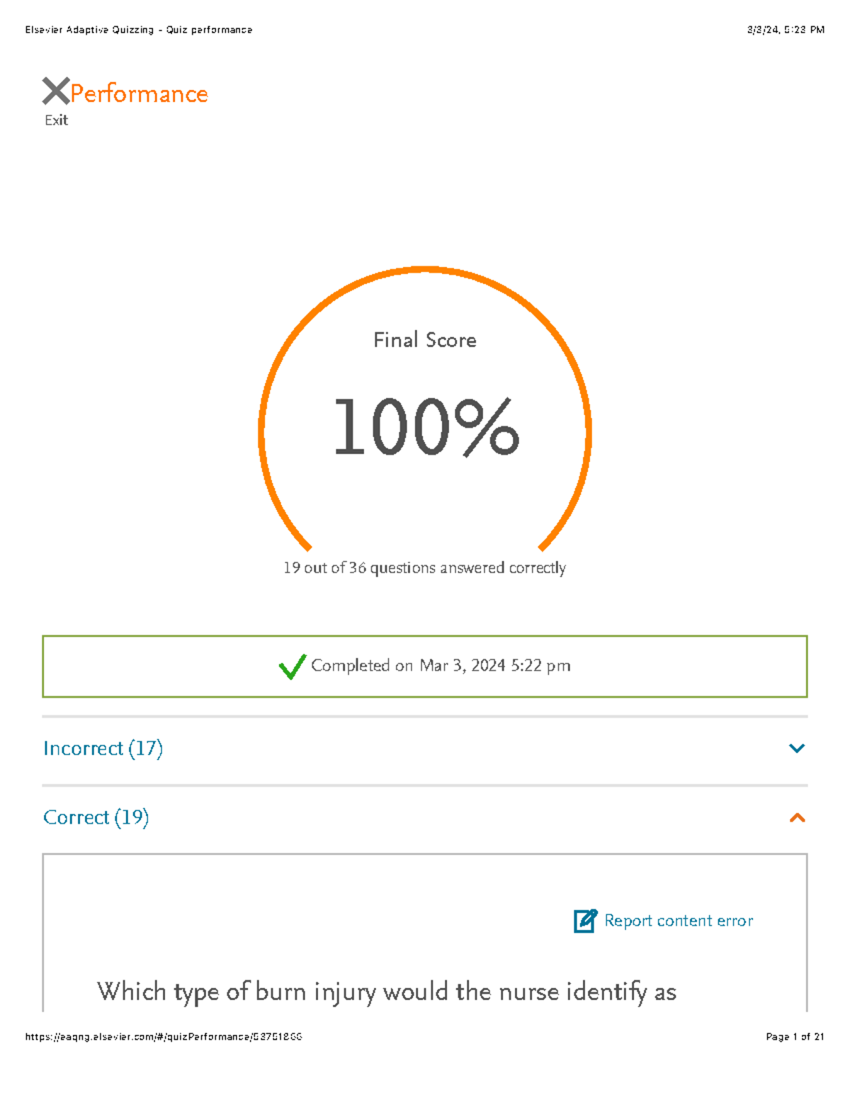 medical surgical burns - ####### Exit Performance Final Score 100% 19 ...
