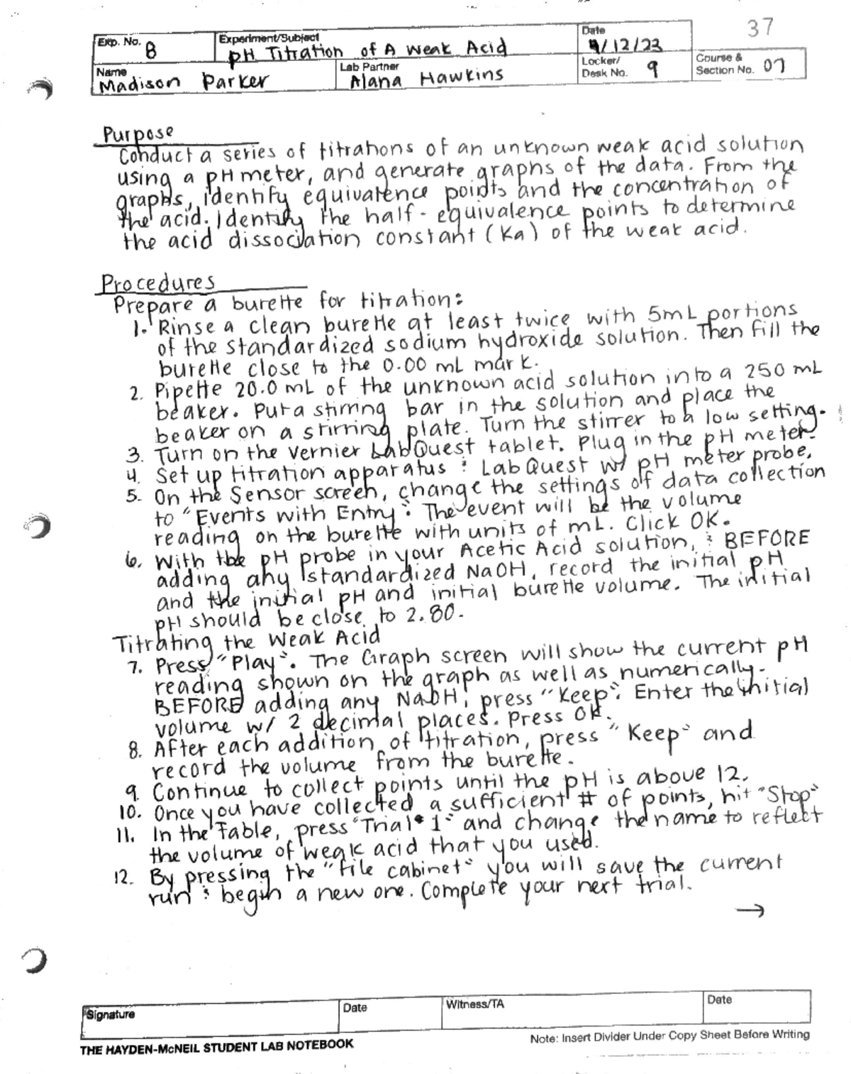 P H Weak Acid pH of a weak acid titration lab repor CHEM 111 Studocu