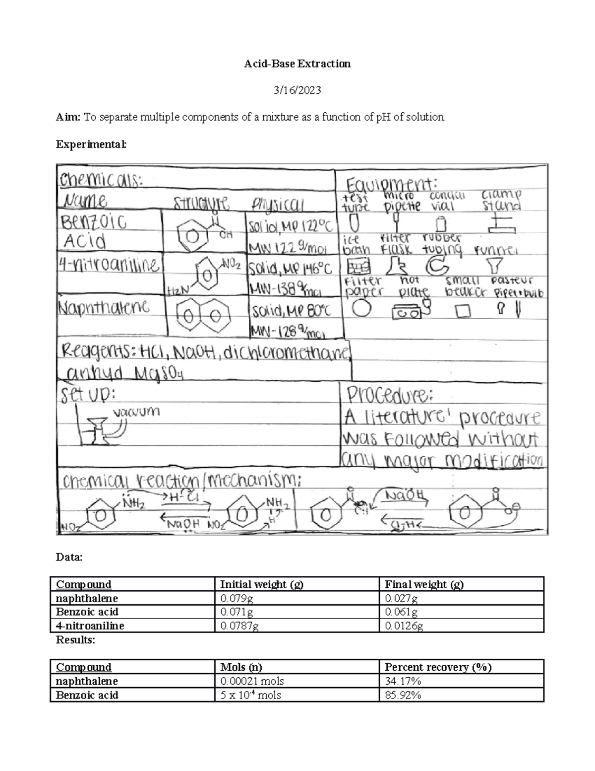 Acid base extraction lab AcidBase Extraction 3/16/ Aim To separate