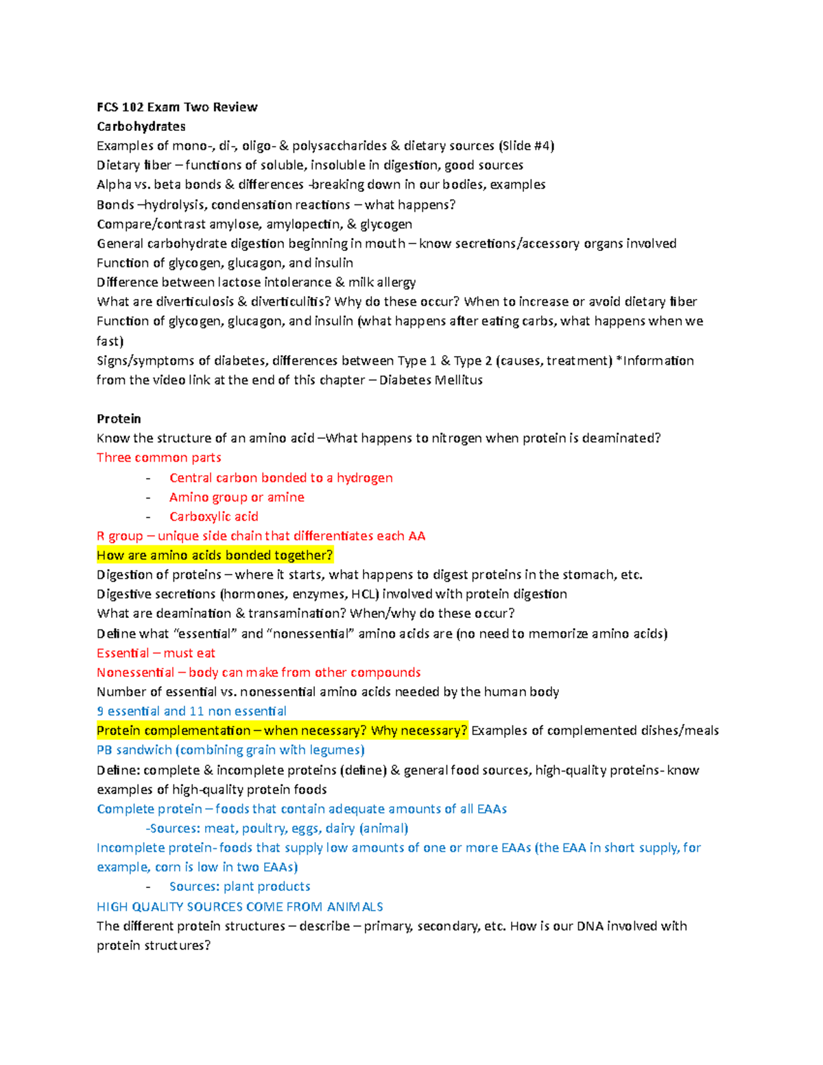 Exam 2 Study Guide 2020 - FCS 102 Exam Two Review Carbohydrates ...