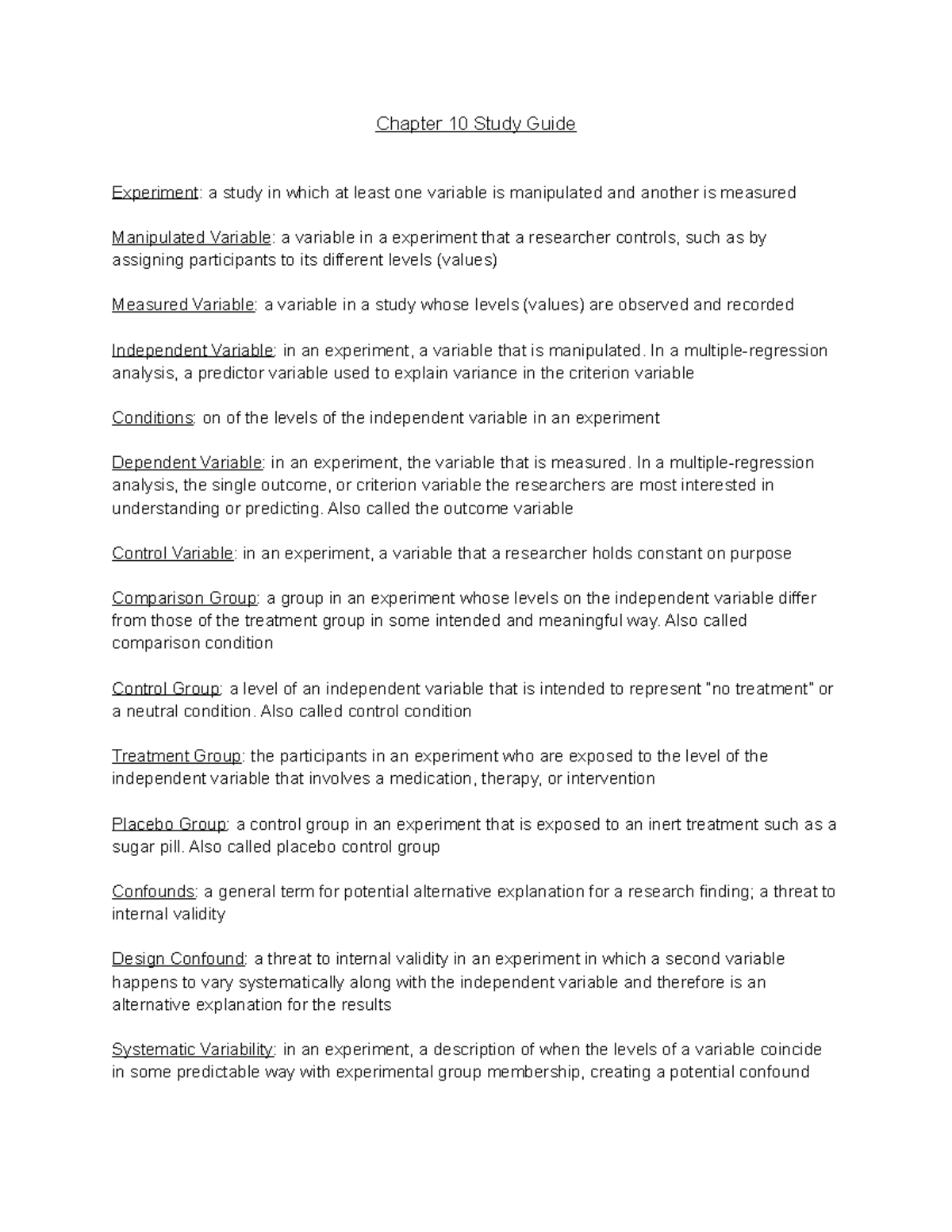 Chapter 10 Study Guide Chapter 10 Study Guide Experiment a study in