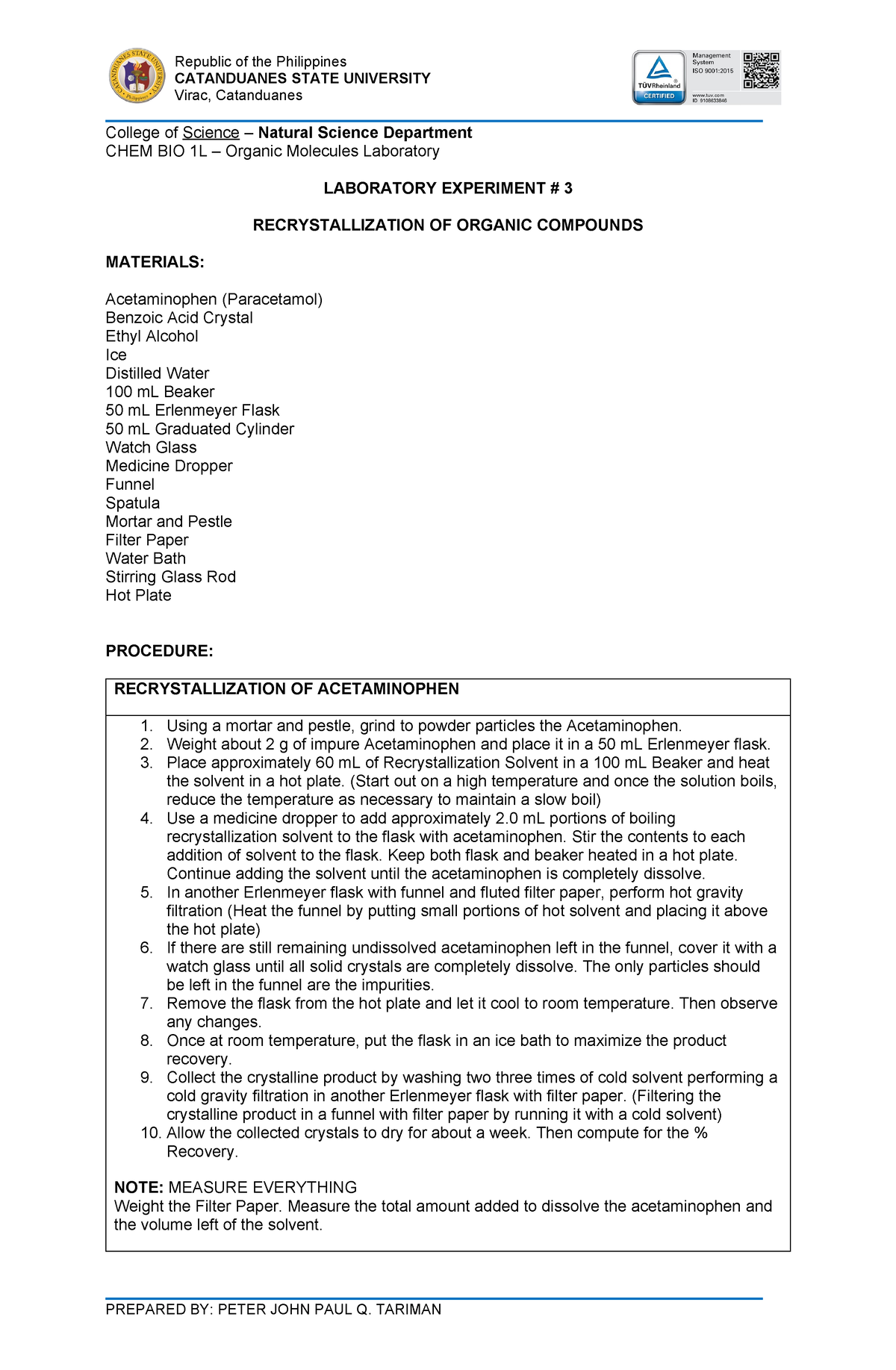 Org. Molecules Laboratory Activity # 3 - Republic of the Philippines ...