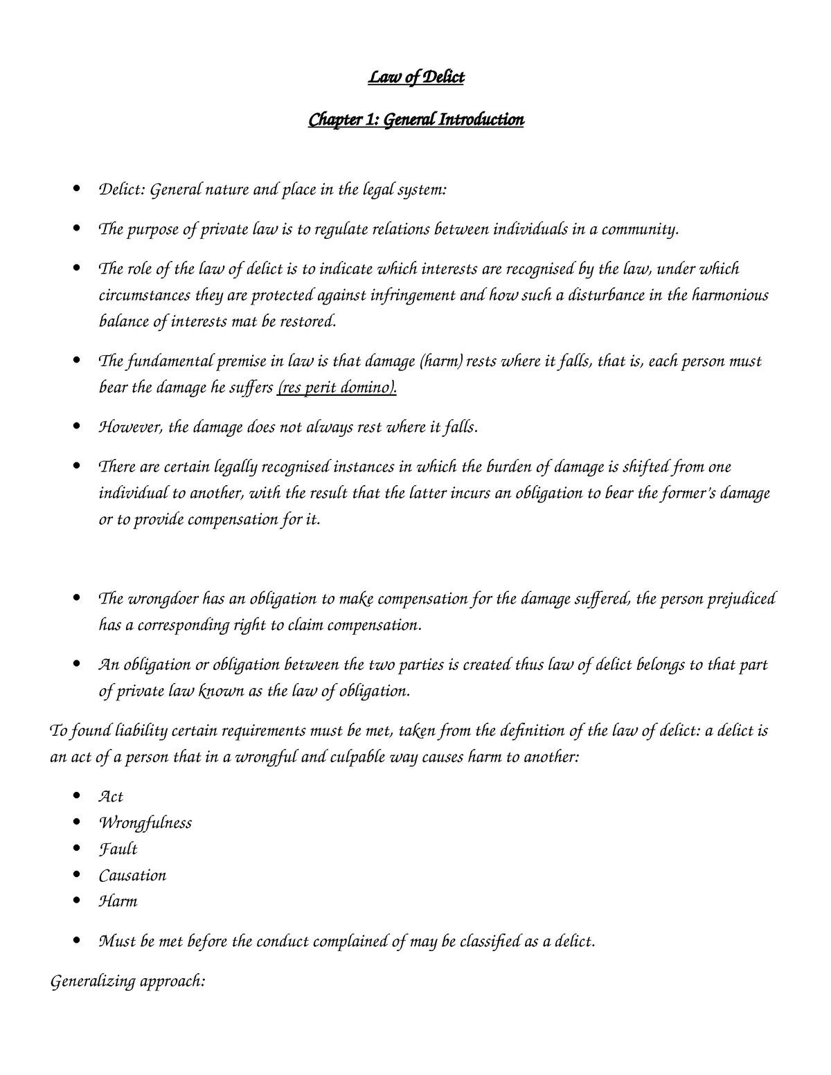 Breakdown Notes 1 - Law Of Delict Chapter 1 : General Introduction ...