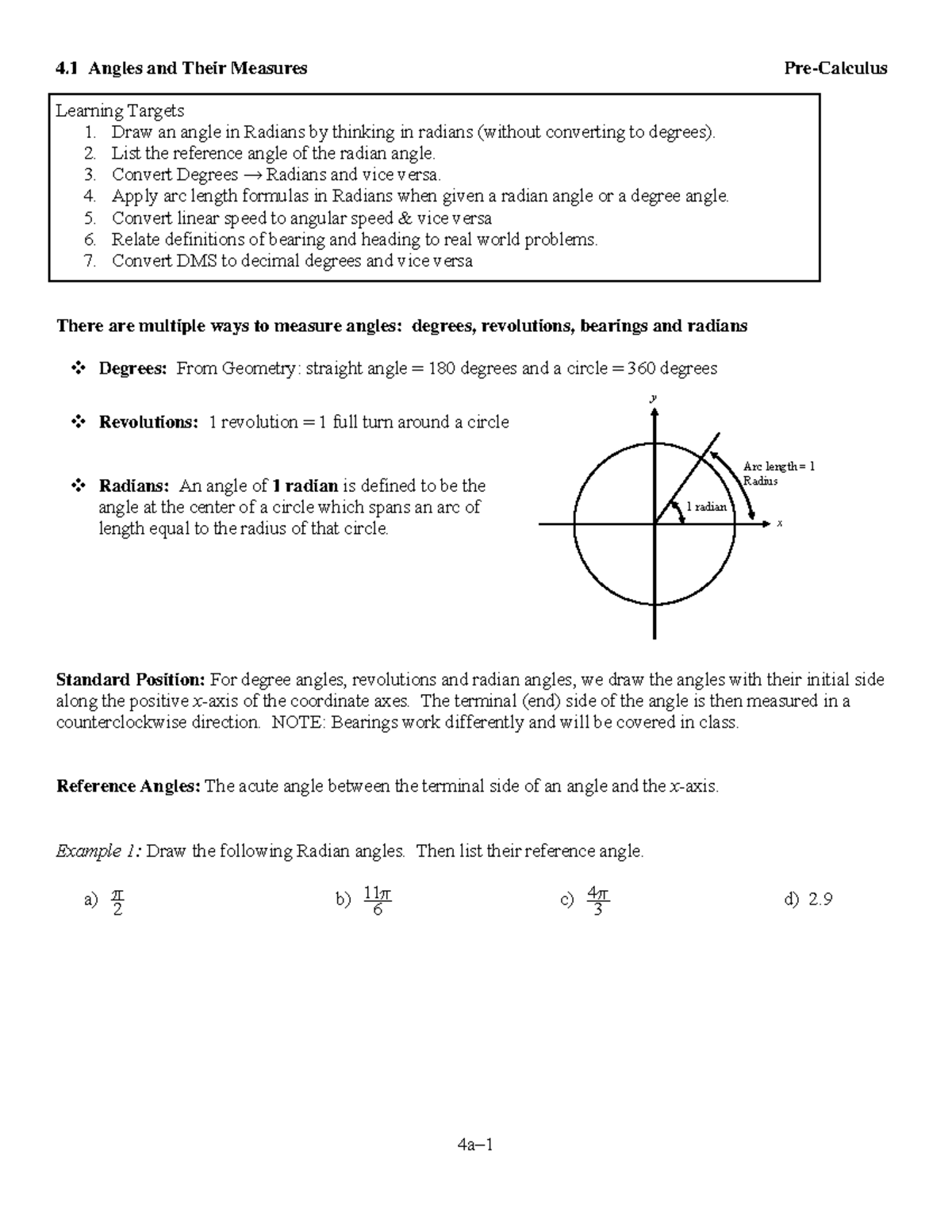 Precalc - Chapter 4A Notes - 4 Angles and Their Measures Pre-Calculus ...