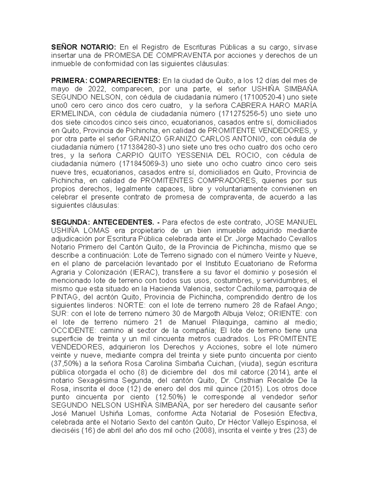 Minuta Promesa DE Compraventa SR. Ushiña - SEÑOR NOTARIO: En el ...