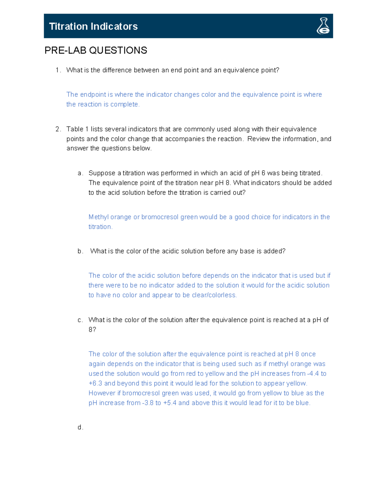 Titration Indicators escience labs PRELAB QUESTIONS 1. What is the