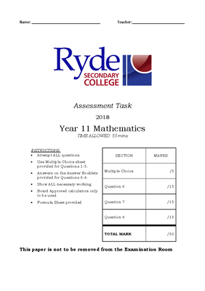 2020 Yr11 Math Ext 1 Task 2 Exam - NESA Number: Class: YEAR 11 2020 ...