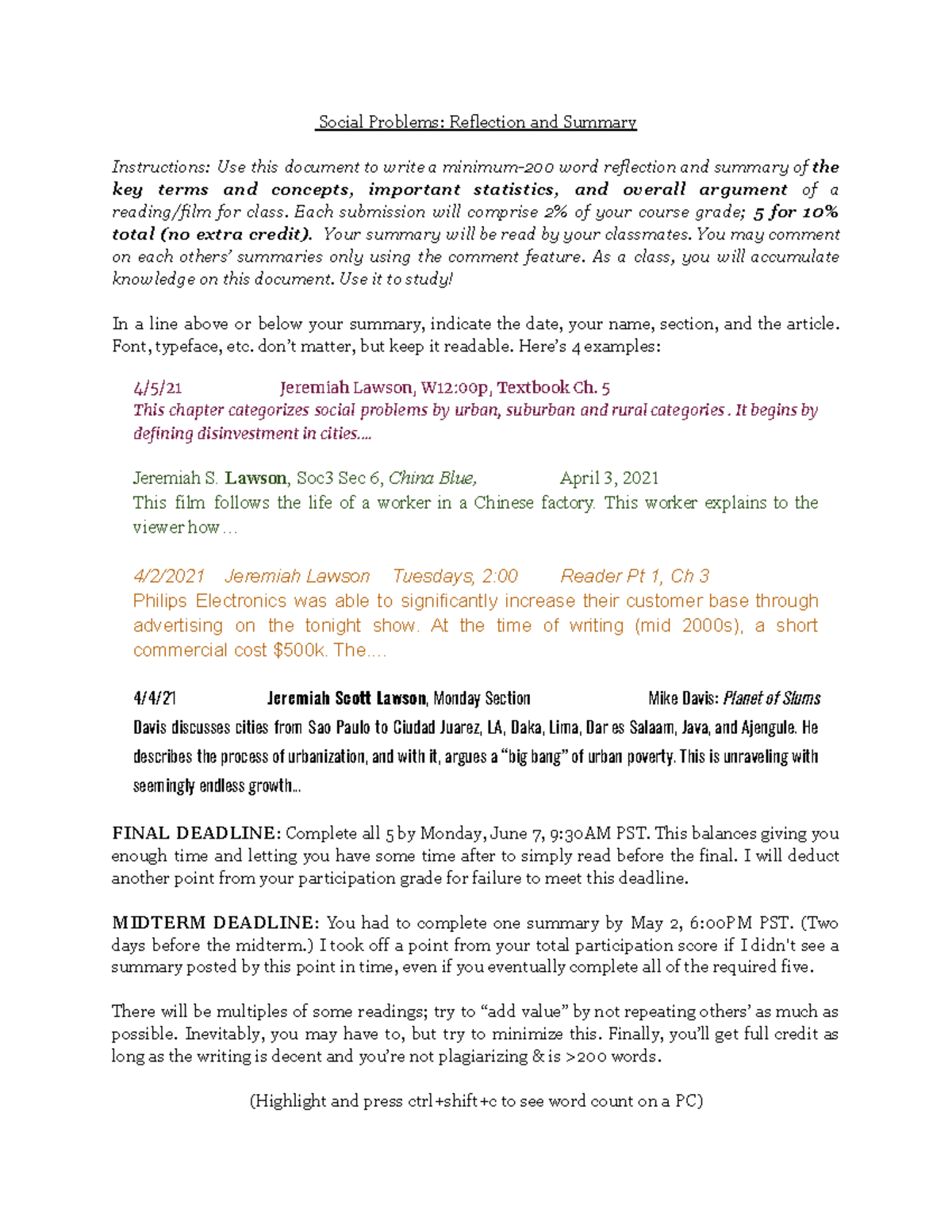 SOC3 Lawson Sections Summaries Social Problems Reflection and