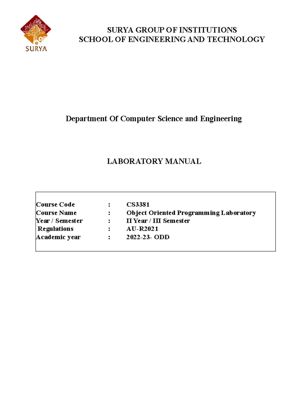 CS3381-OOP-lab Manual - SURYA GROUP OF INSTITUTIONS SCHOOL OF ...