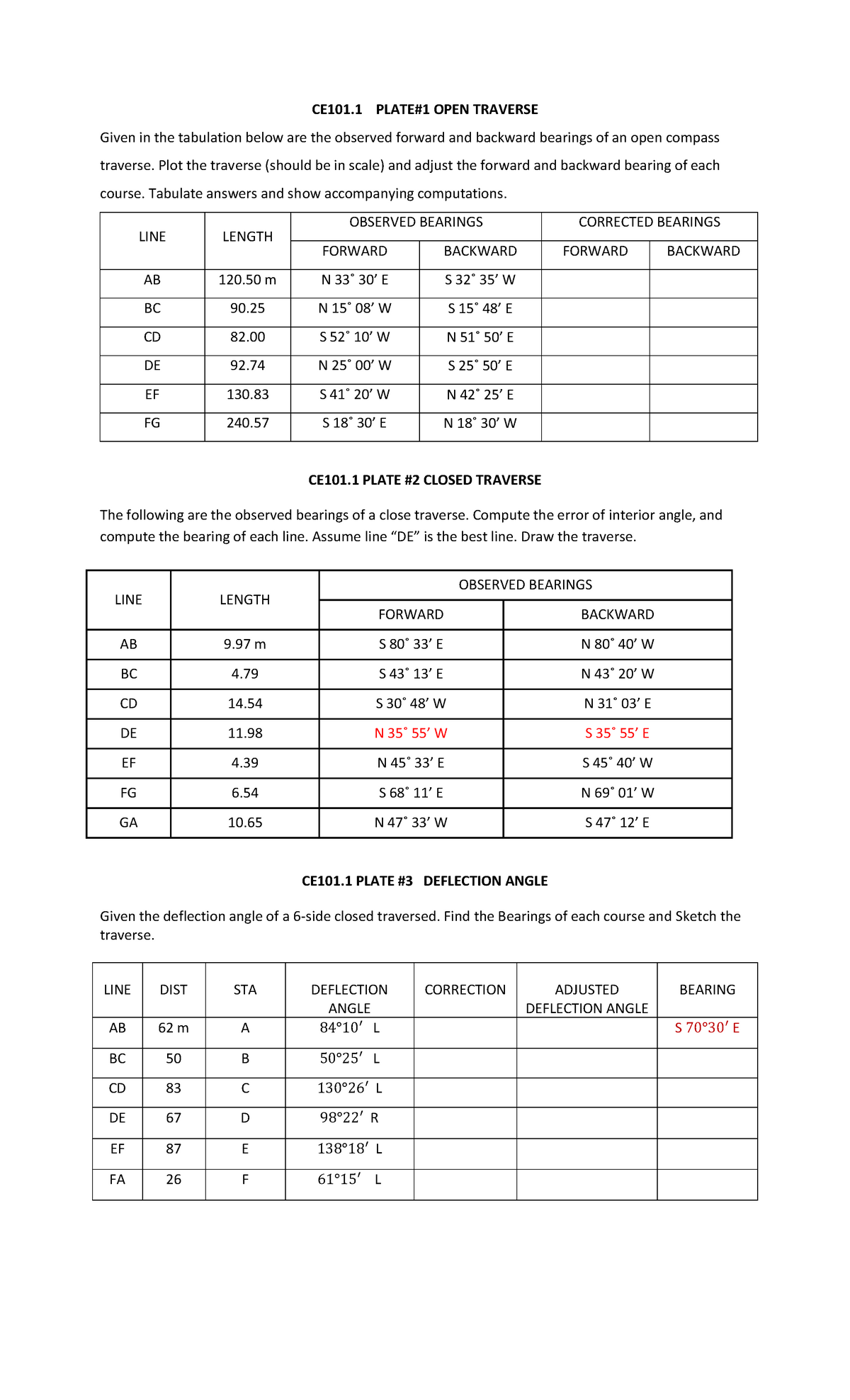 CE101.1 Traverse Surveying - CE101 PLATE#1 OPEN TRAVERSE Given in the ...