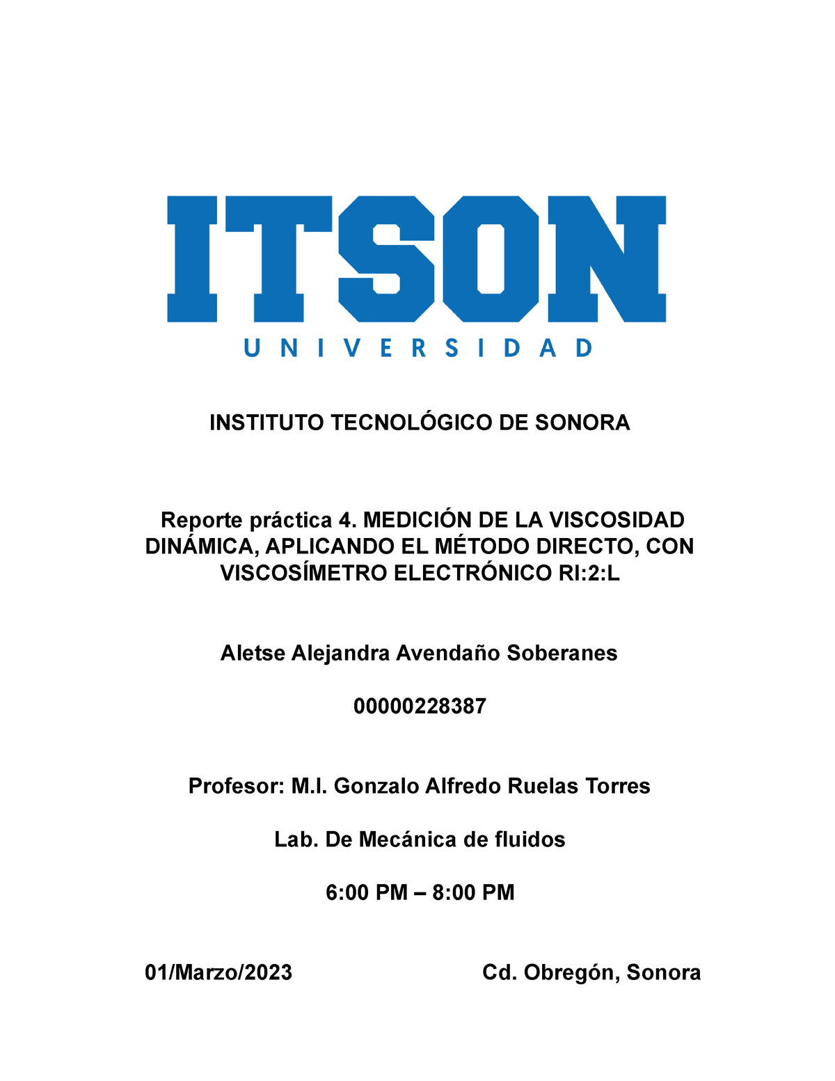 Reporte Práctica 4 Lab Meca De Fluid Instituto TecnolÓgico De Sonora