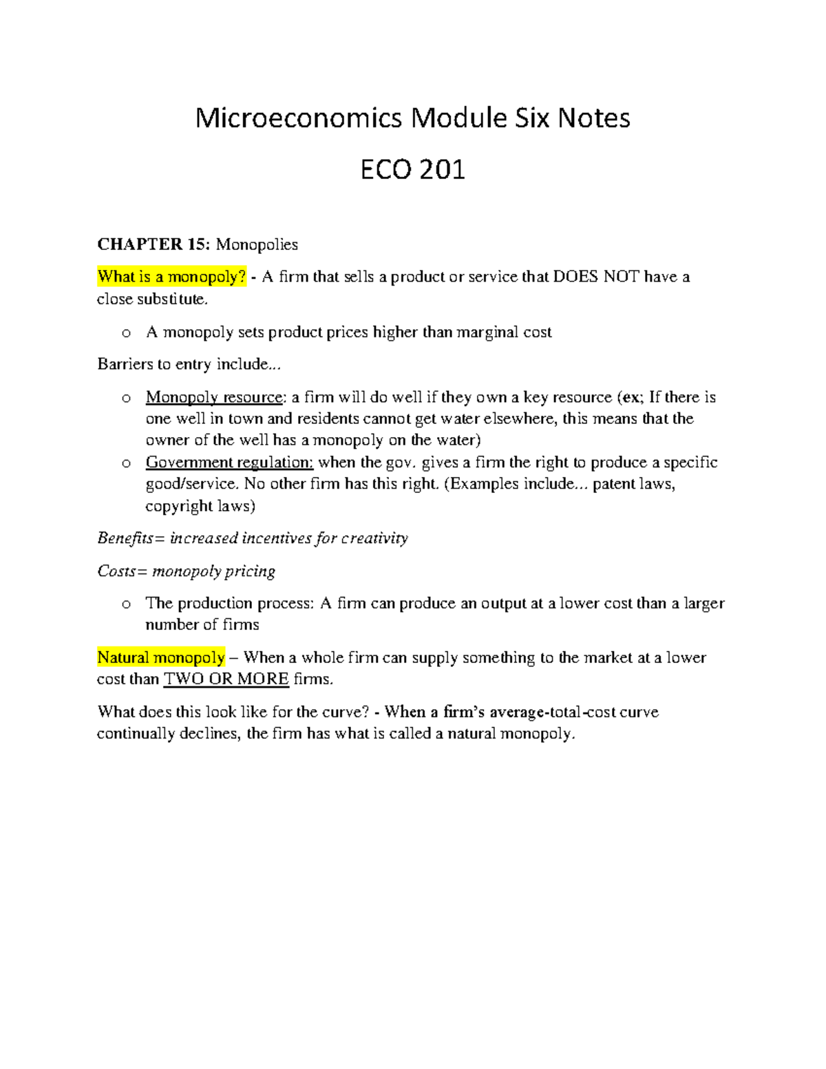 ECO 201 Module 6 Ch.15 Notes Microeconomics Module Six Notes ECO