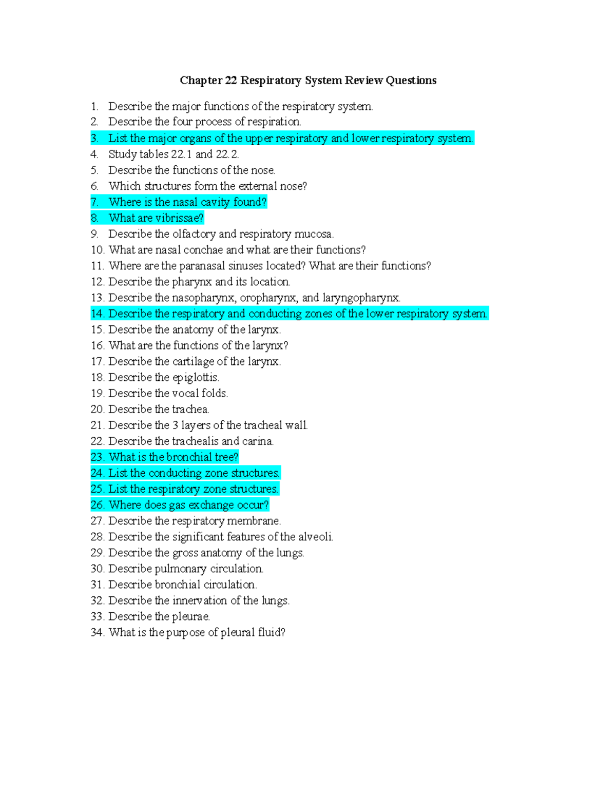 Chapter 22 Respiratory System Review Questions - Chapter 22 Respiratory ...