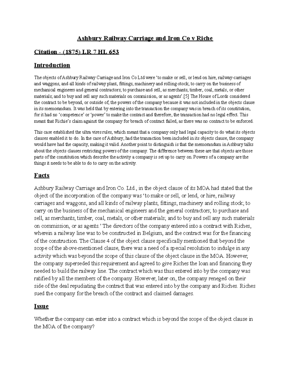 Ashbury Railway Carriage and Iron Co v Riche [5] The House of Lords