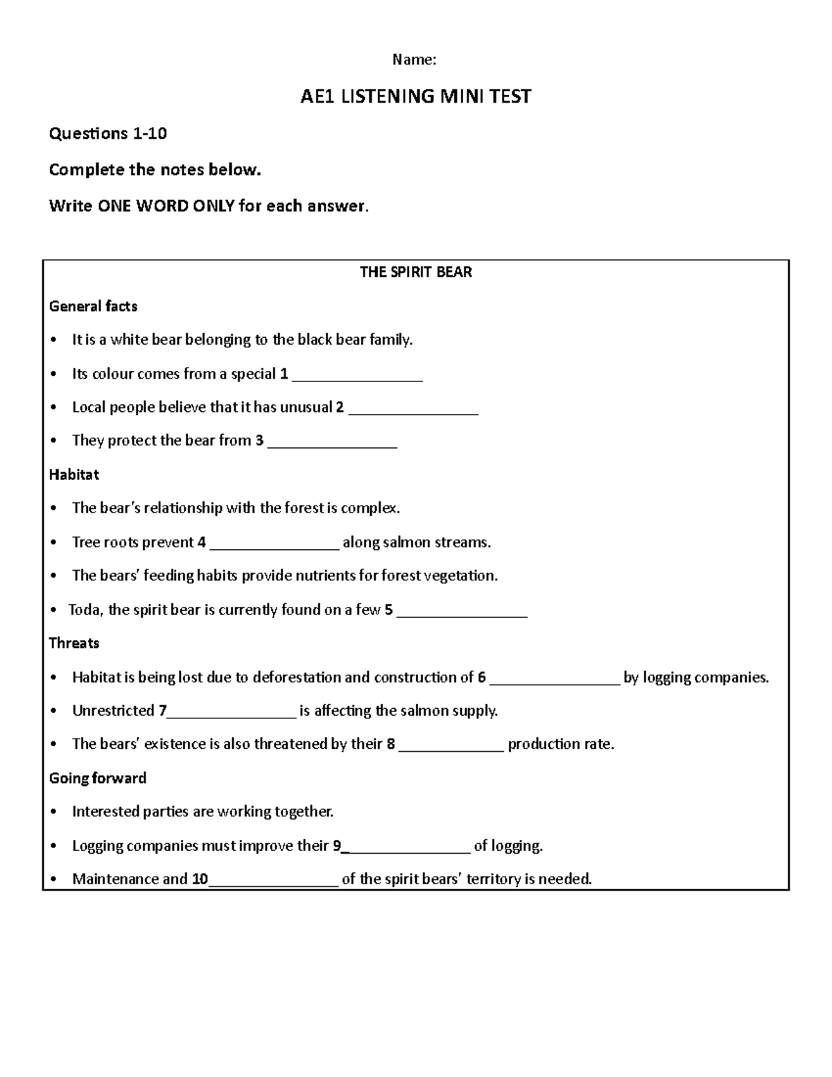 AE1 Listening Assignment Name AE1 LISTENING MINI TEST Questions 1