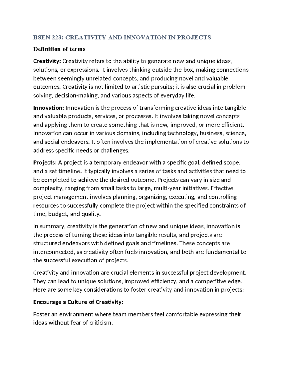 Creativity AND Innovation BSEN 223 - BSEN 223: CREATIVITY AND ...