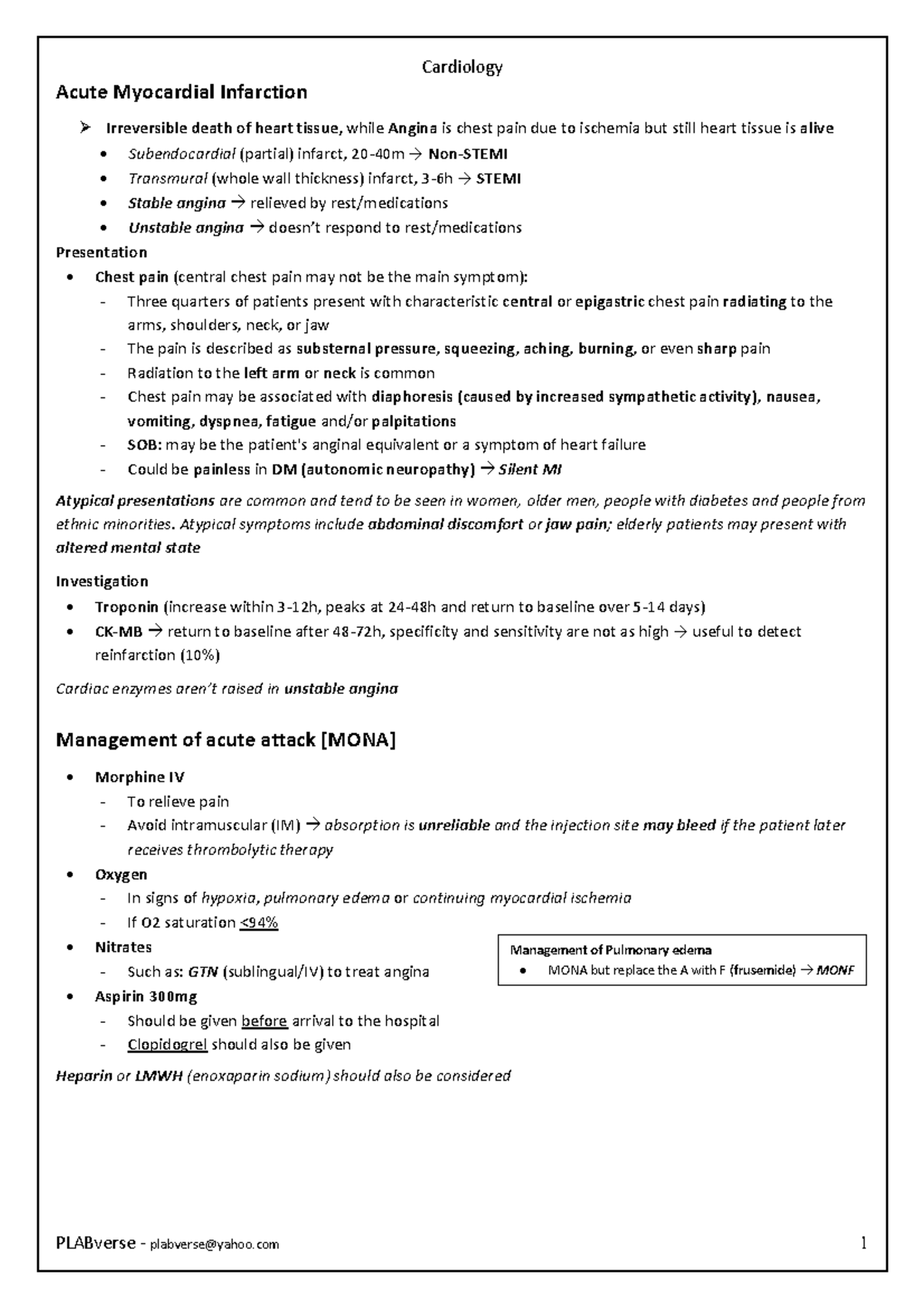 Cardiology Notes Plab Resources - Acute Myocardial Infarction ...