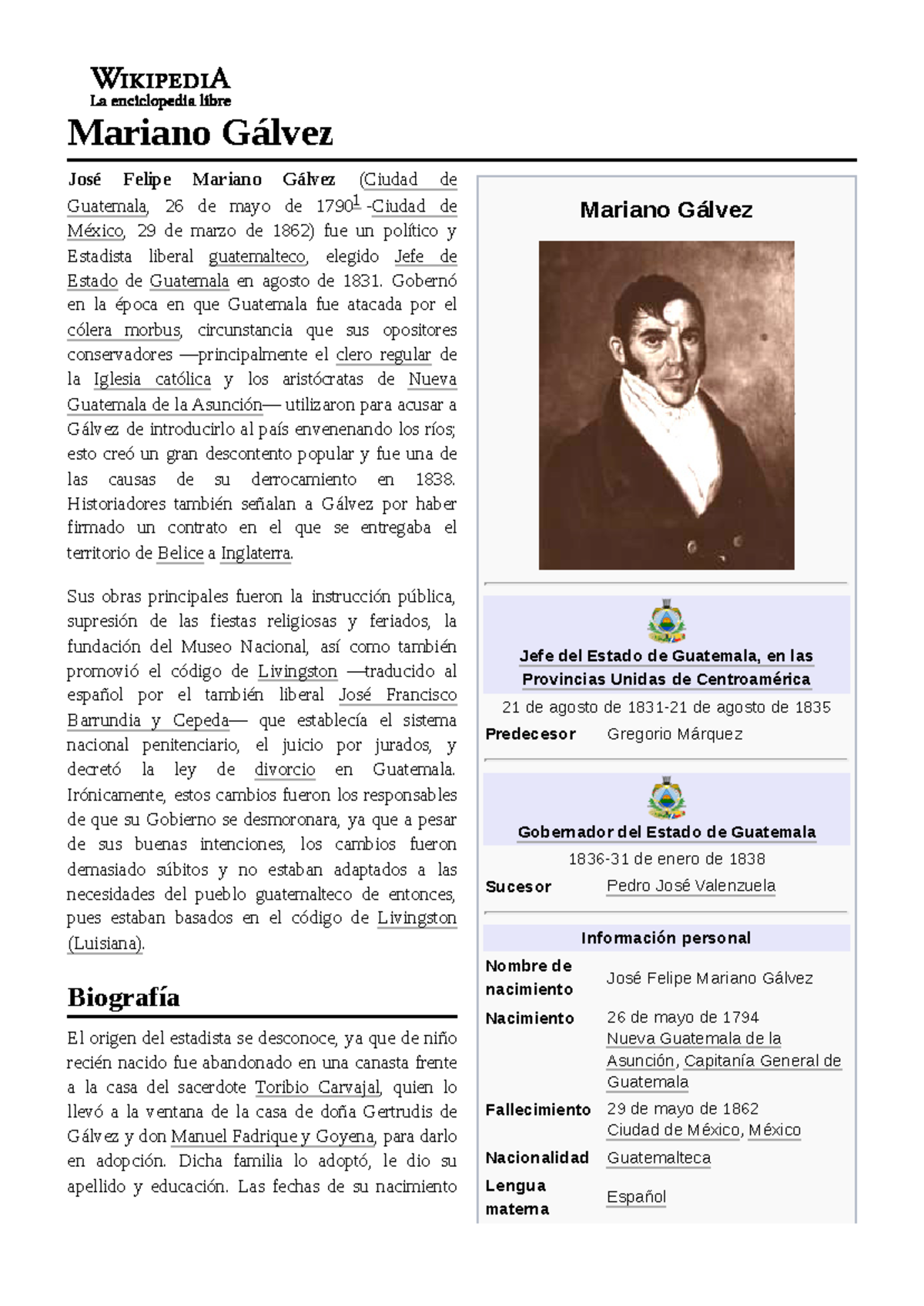 Mariano Gálvez ssss Mariano Gálvez Jefe del Estado de Guatemala, en