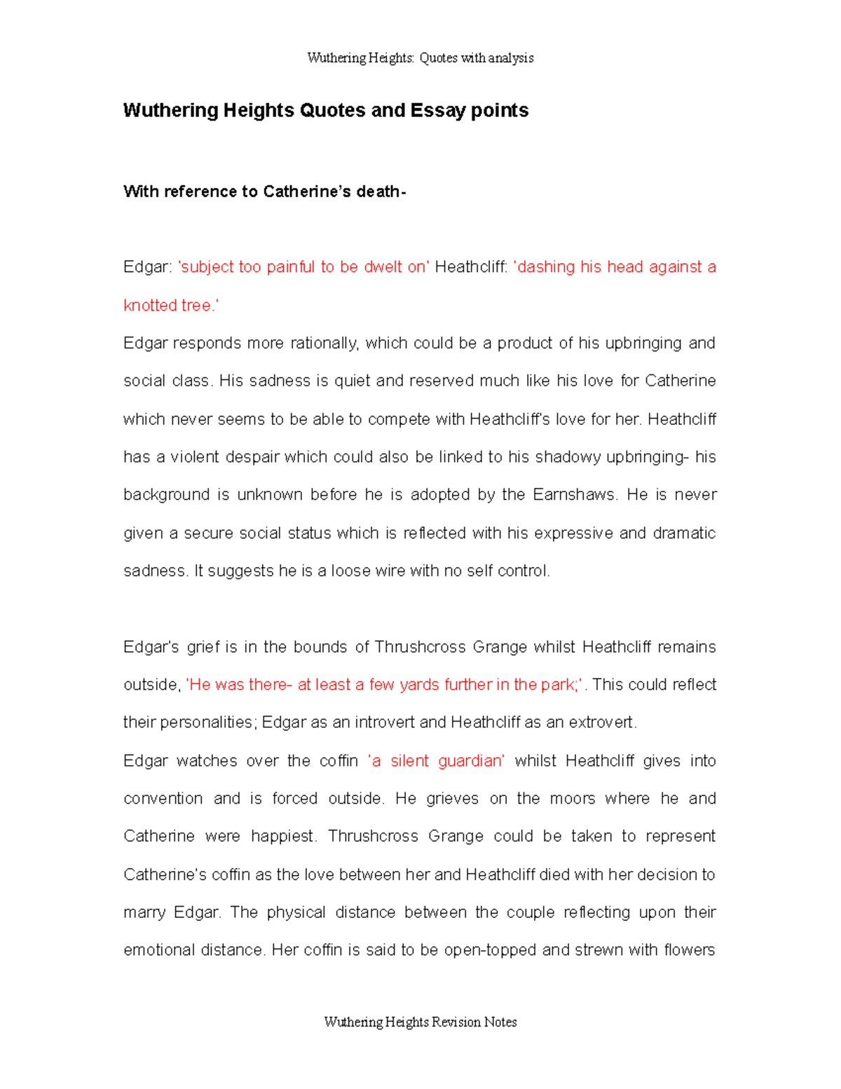 Wuthering Heights Chapters Wuthering Heights Quotes and Essay points