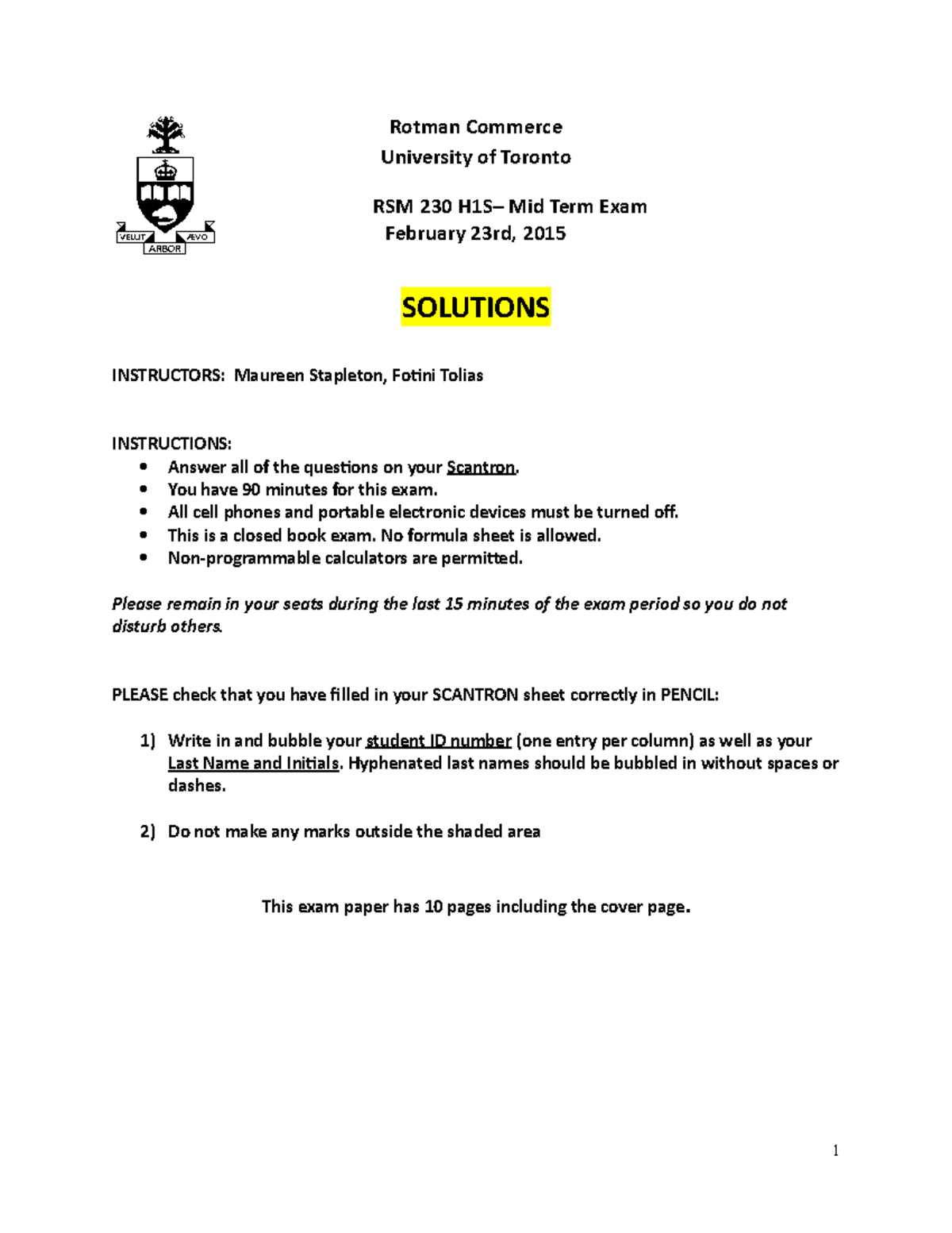 Exam 2015, Questions And Answers, Midterm - Rotman Commerce University ...
