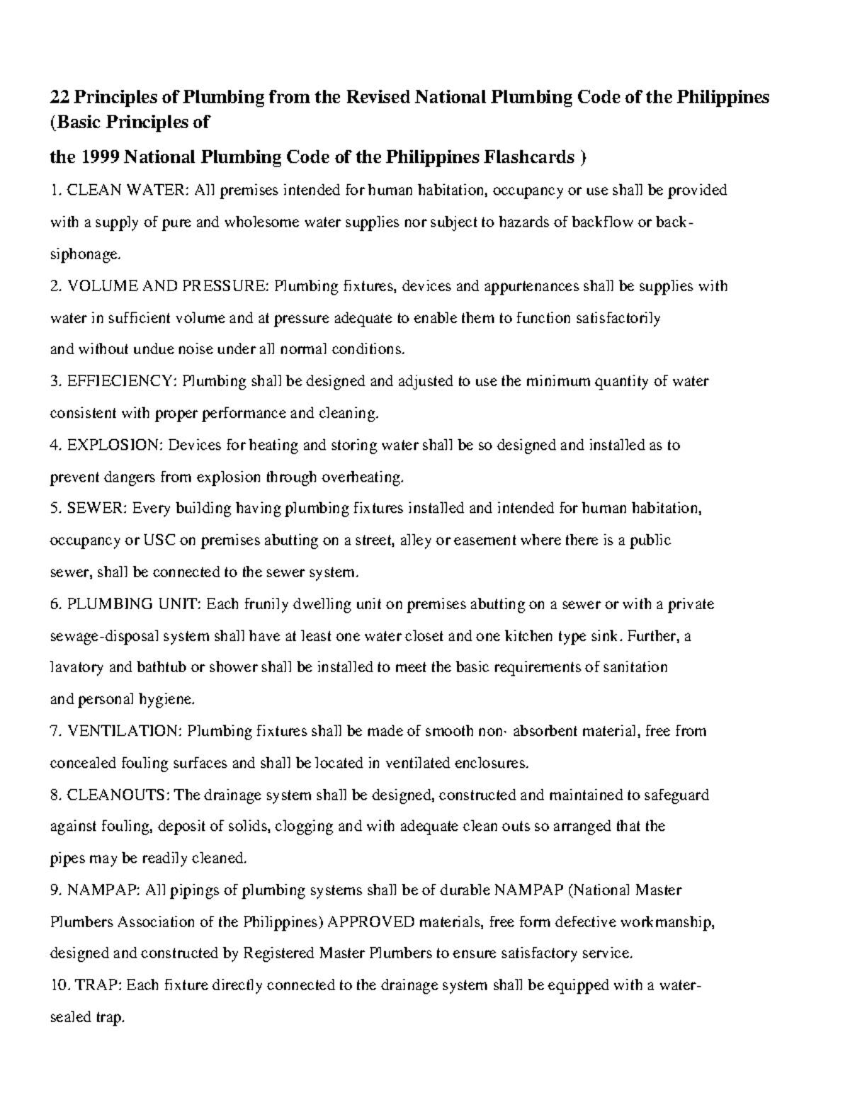 22 Principles of Plumbing from the Revised National Plumbing Code of