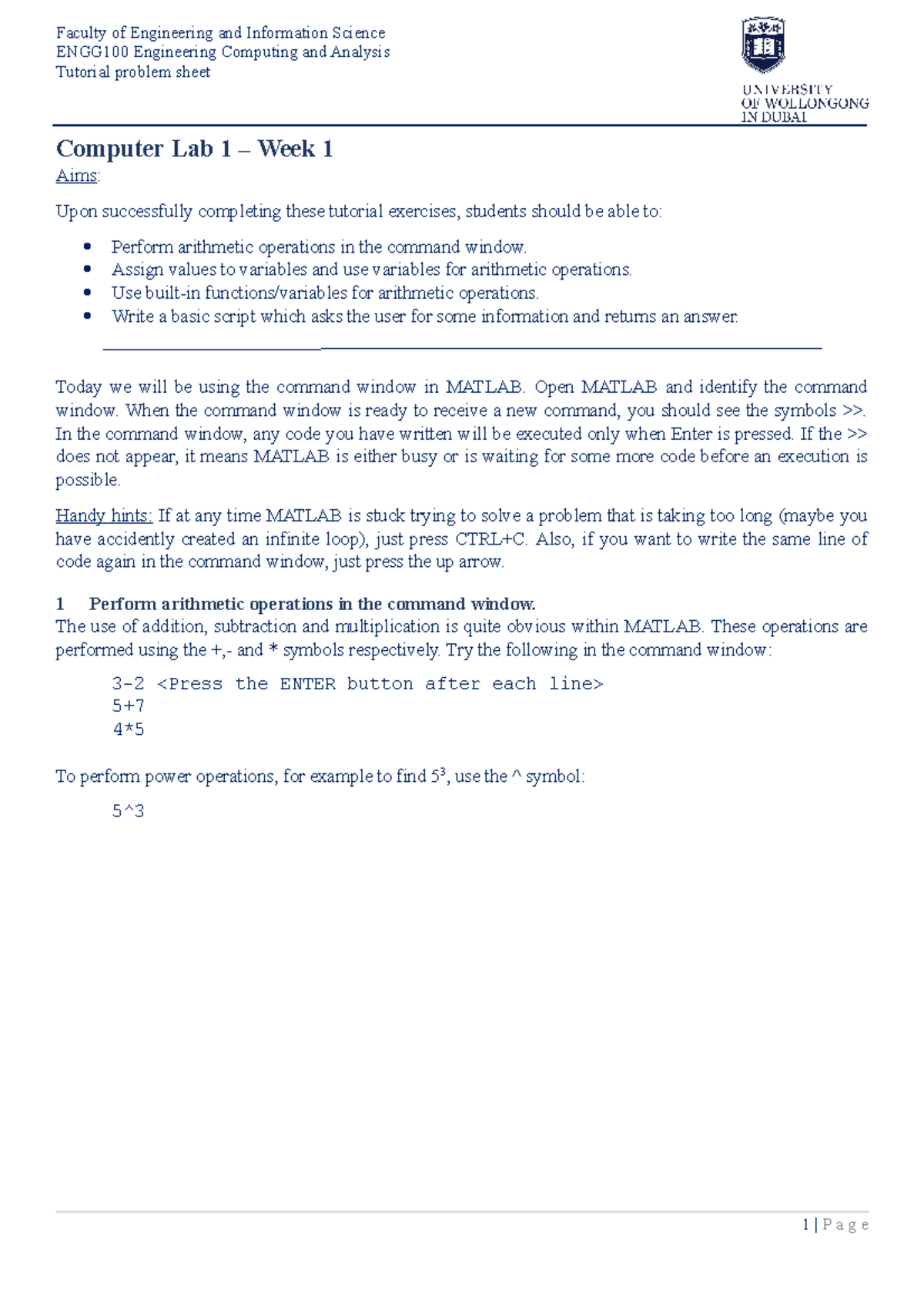 1 - tutorial 1 - ENGG100 Engineering Computing and Analysis Tutorial ...