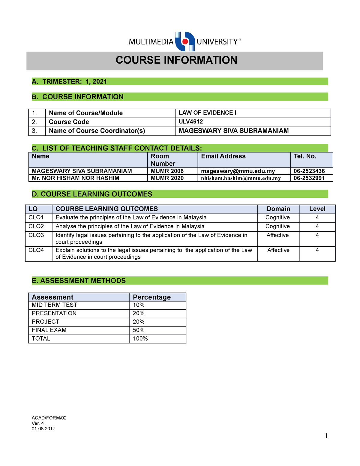 376823 Course Information 2021 - A. TRIMESTER: 1, 2021 B. COURSE ...