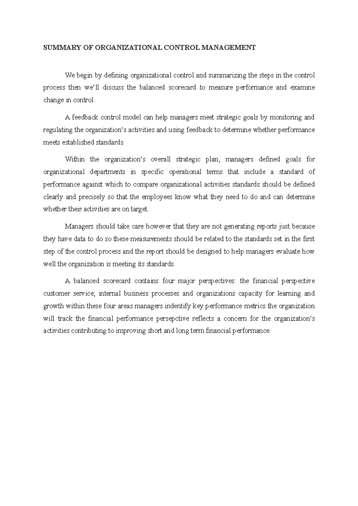 Summary OF Organizational Control Management - SUMMARY OF ...