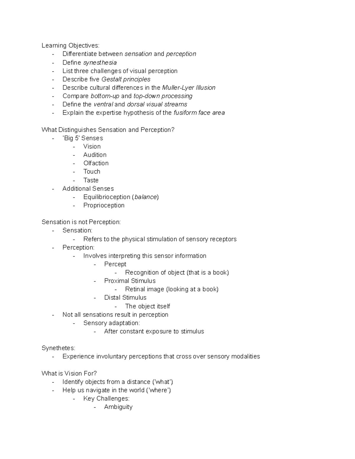 Perception - Learning Objectives: - Differentiate between sensation and ...