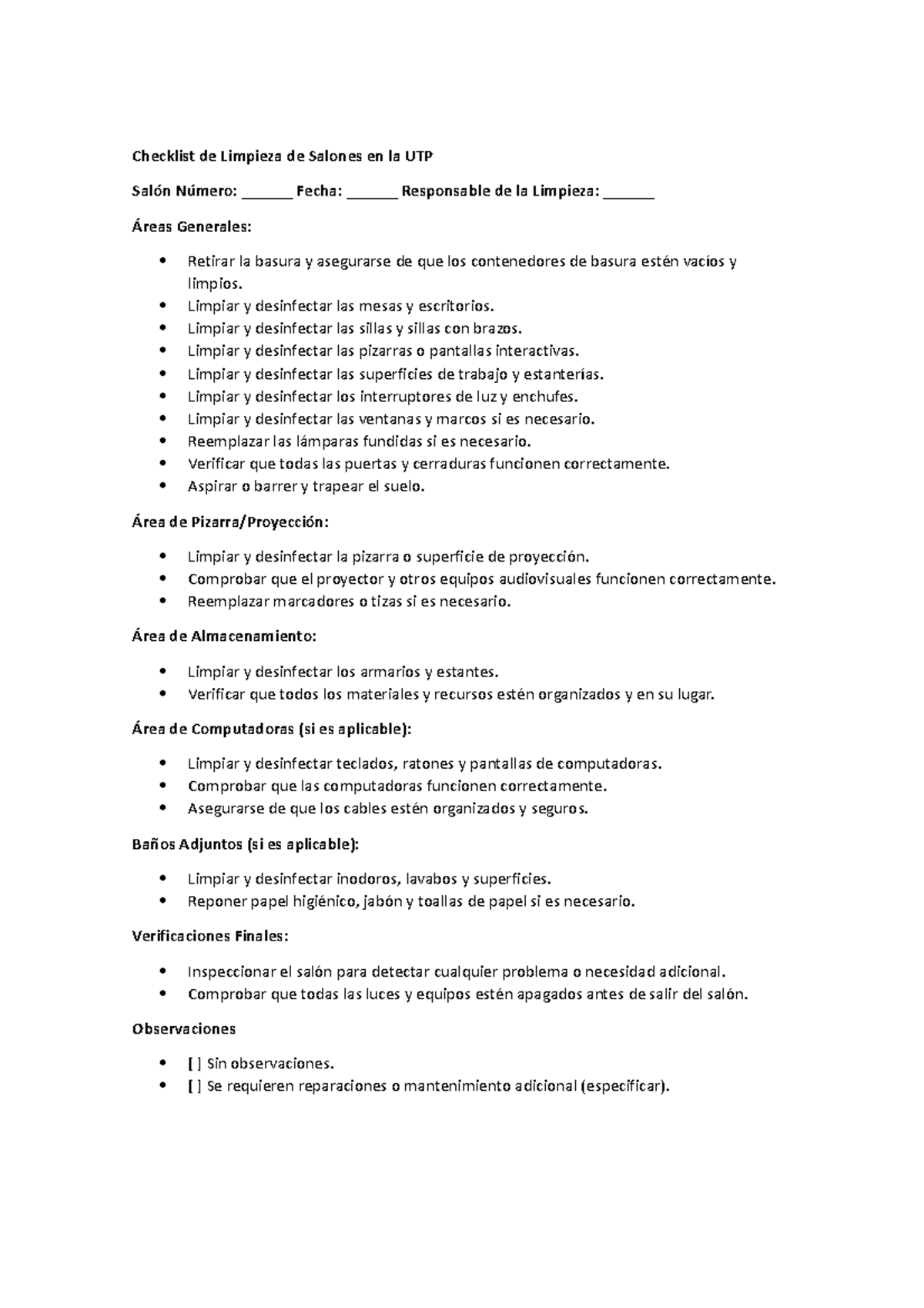 Check list - dadad - Checklist de Limpieza de Salones en la UTP Salón ...
