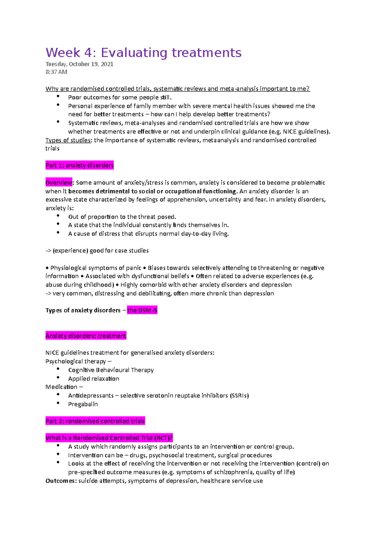 Week 4 Evaluating treatments - Week 4: Evaluating treatments Tuesday ...