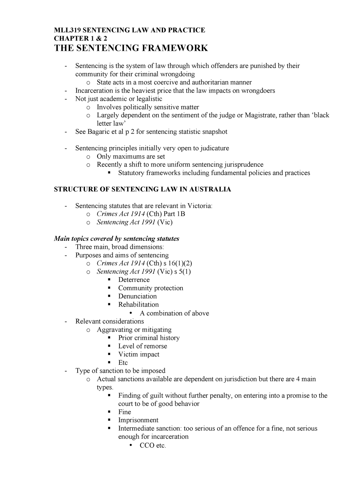 Summary - sentencing law - MLL319 SENTENCING LAW AND PRACTICE CHAPTER 1 ...