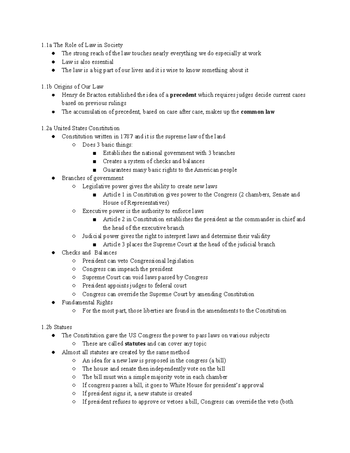 Chapter 1 Summary Notes - 1 The Role of Law in Society The strong reach ...