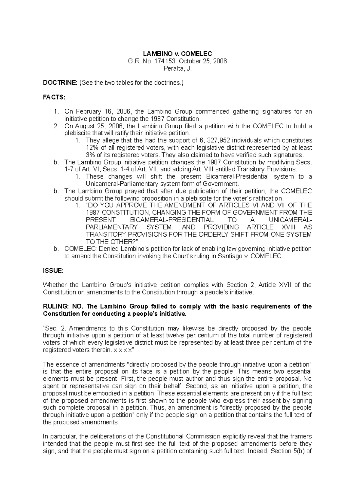 Lambino v. Comelec Case digest LAMBINO v. COMELEC G. No. 174153