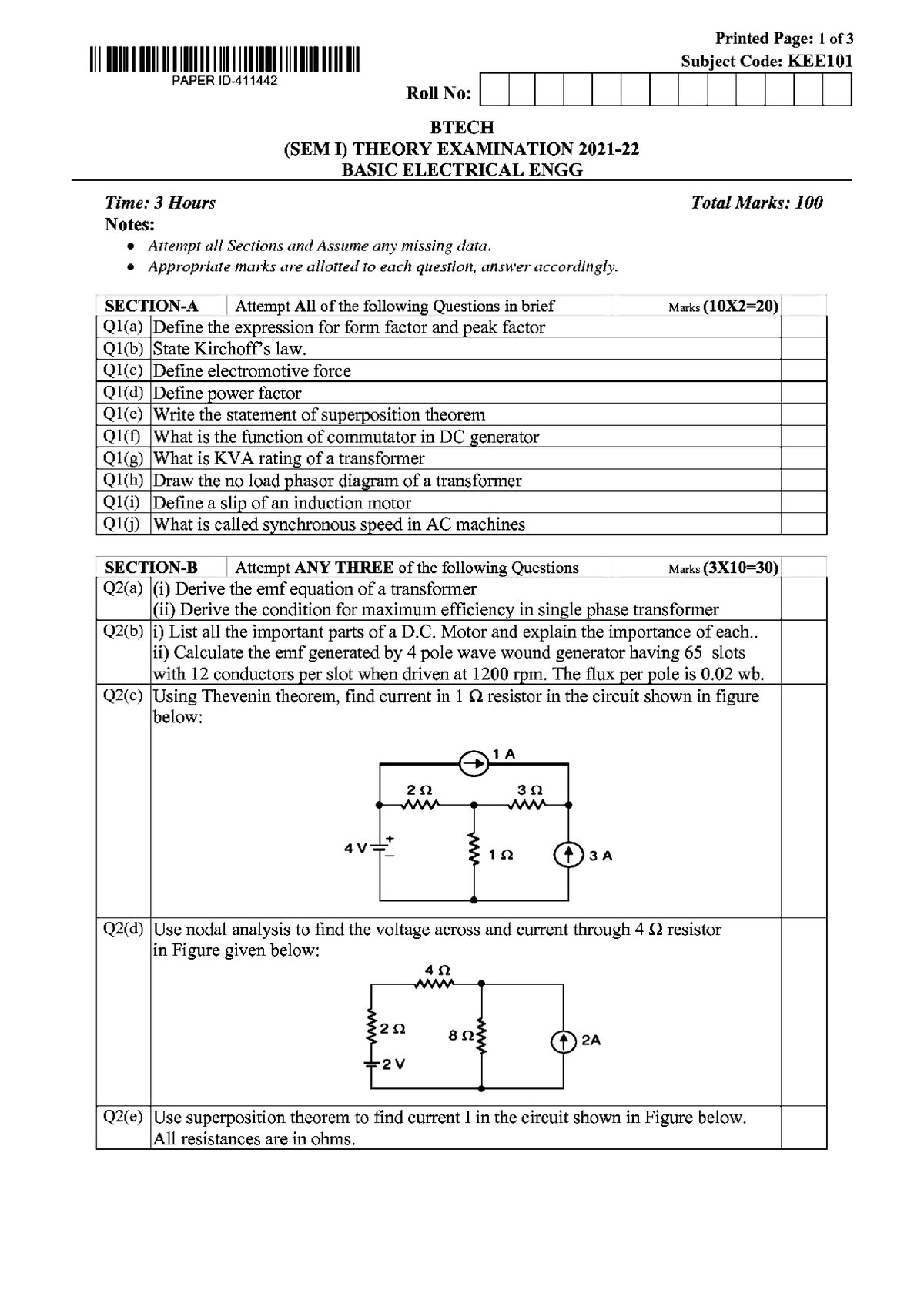 Btech 1 Sem Basic Electrical Engg Kee101 2022 - Basic Electrical ...