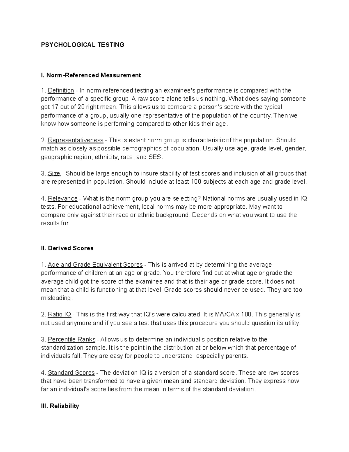 Psychological Testing PSYCHOLOGICAL TESTING I. NormReferenced