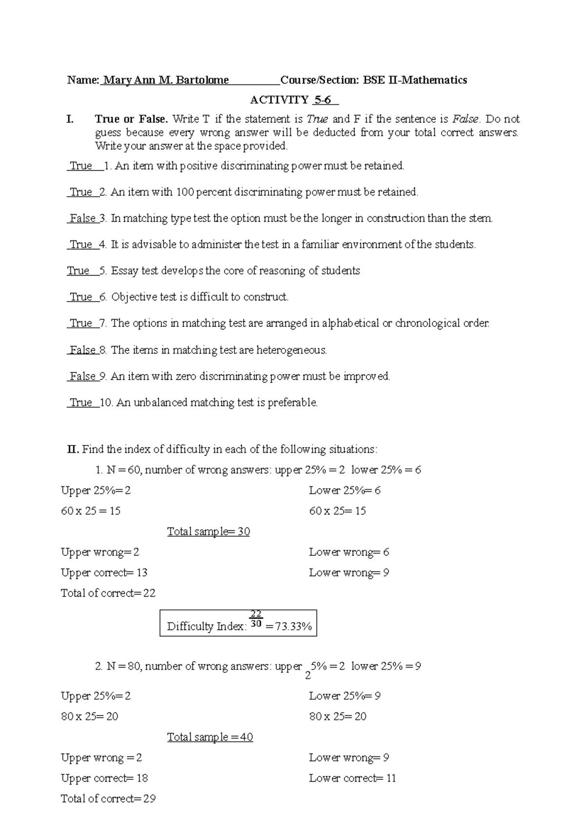 Mmmttrbseii-math - Name: Mary Ann M. Bartolome Course Section: Bse Ii 