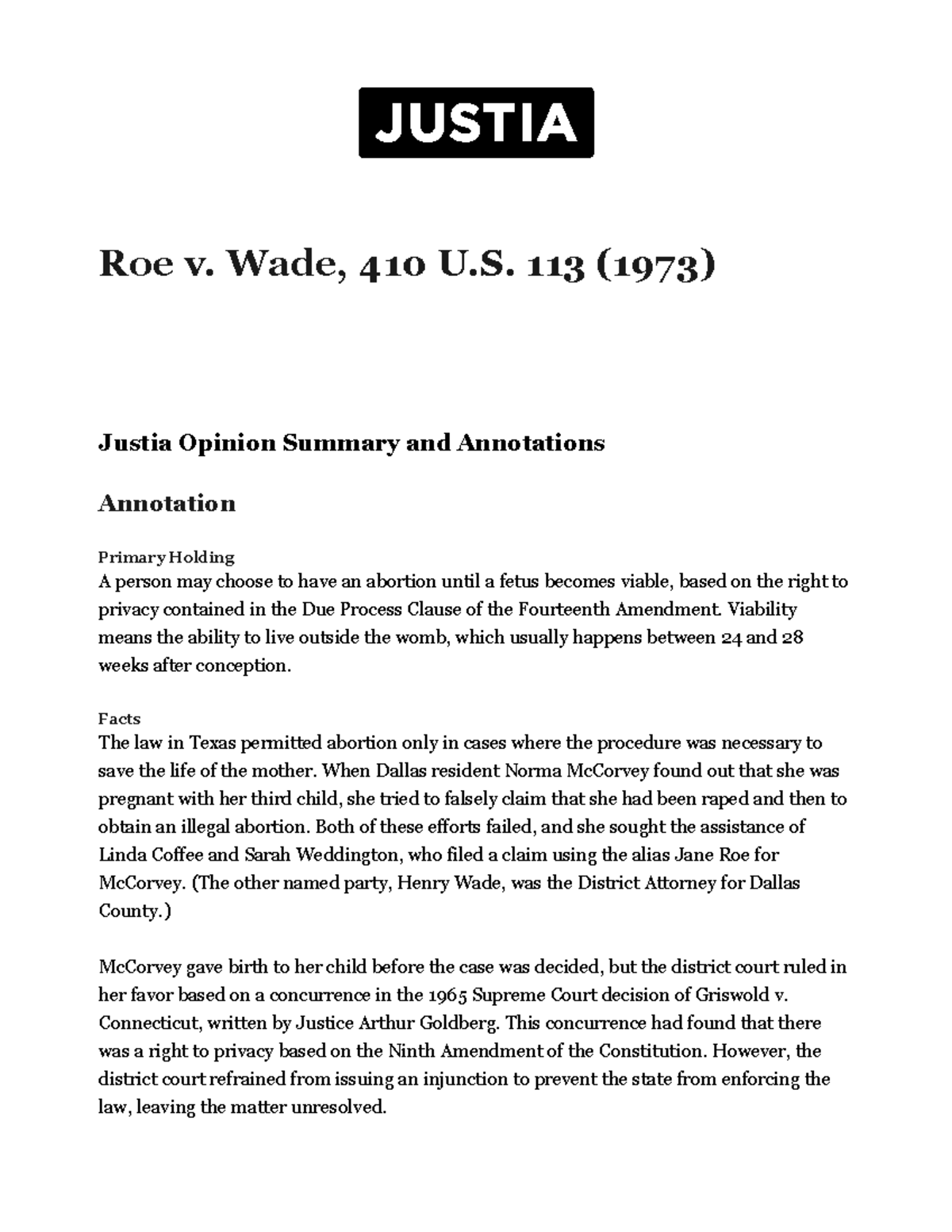 Roe v. Wade 410 U.S. 113 (1973) Justia US Supreme Court Center Justia