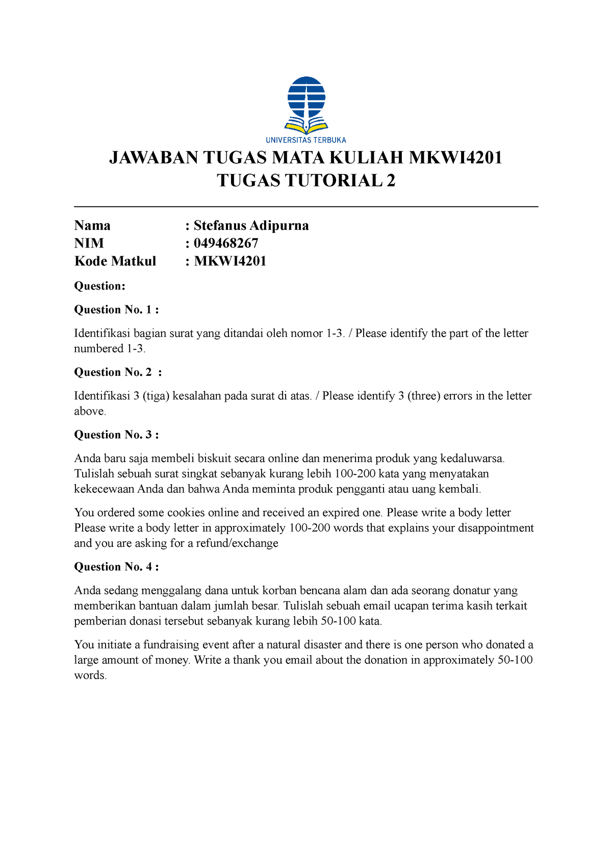 Bahasa Inggris T2 MKWI4201 - JAWABAN TUGAS MATA KULIAH MKWI TUGAS ...