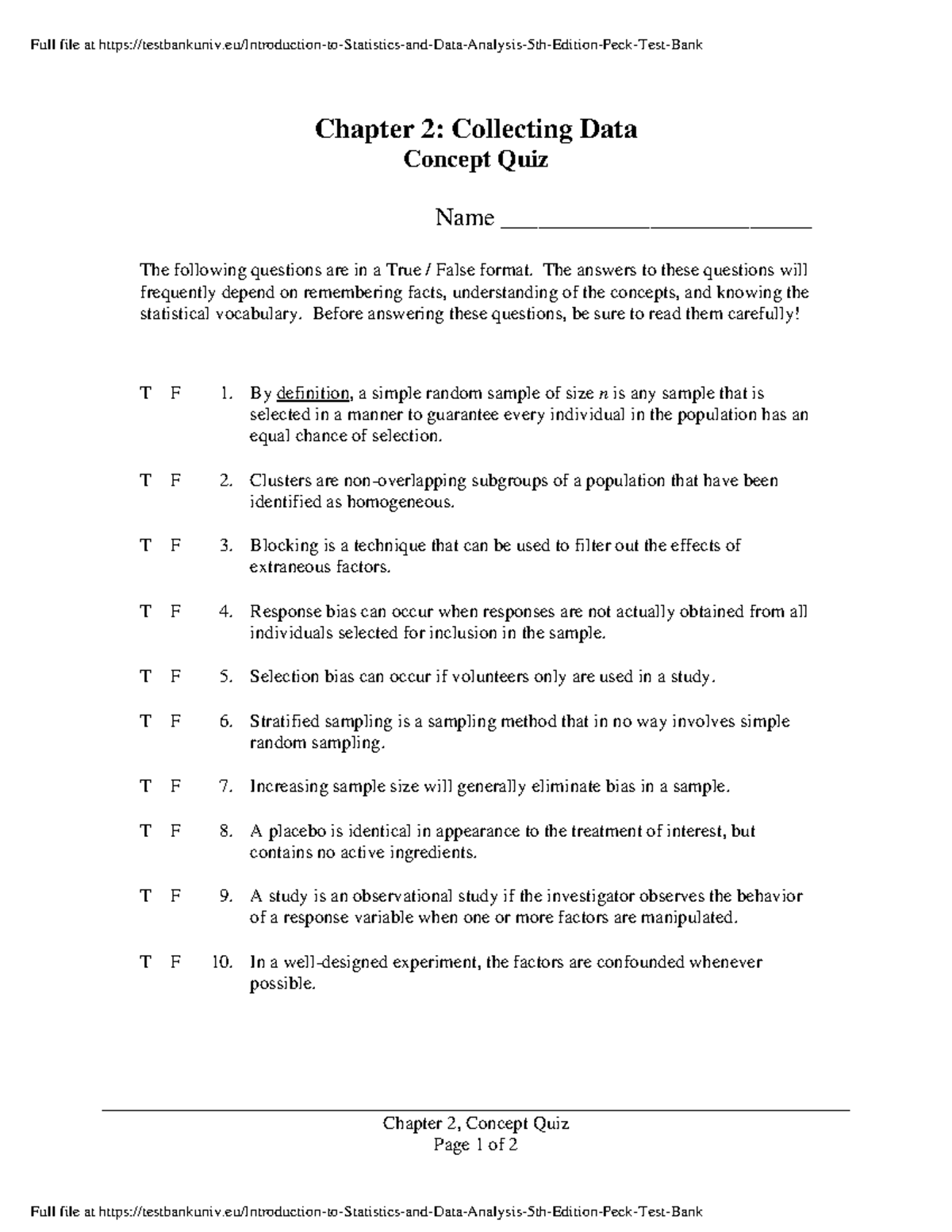 Chapter 2 Collecting Data - Chapter 2, Concept Quiz Page 1 of 2 Chapter ...