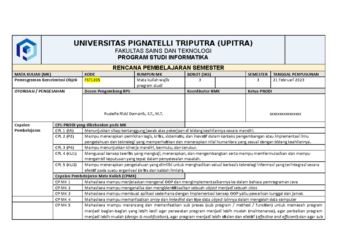 RPS Pemrograman Berorientasi Objek - UNIVERSITAS PIGNATELLI TRIPUTRA ...