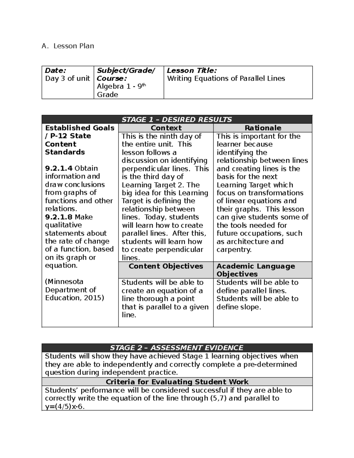 D187 Task 3 - Passed - A. Lesson Plan Date: Day 3 of unit Subject/Grade ...