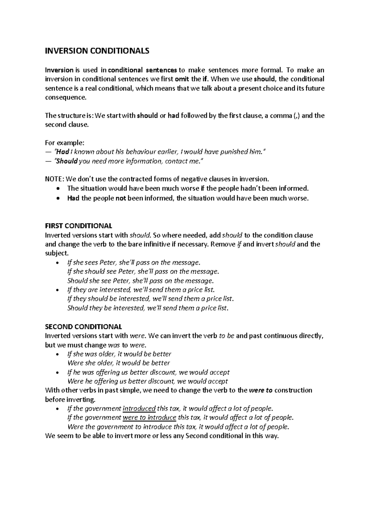 4. Inversion Conditionals - INVERSION CONDITIONALS Inversion is used in ...