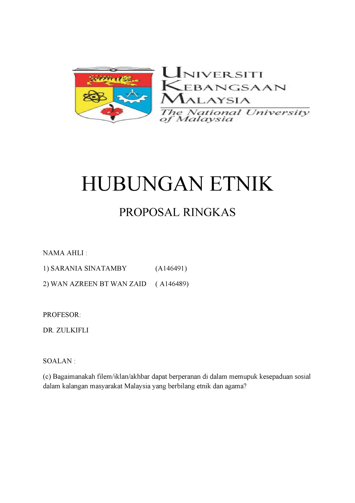 Proposal Ringkas hubungan etnik - LMCW2173 - UKM - StuDocu